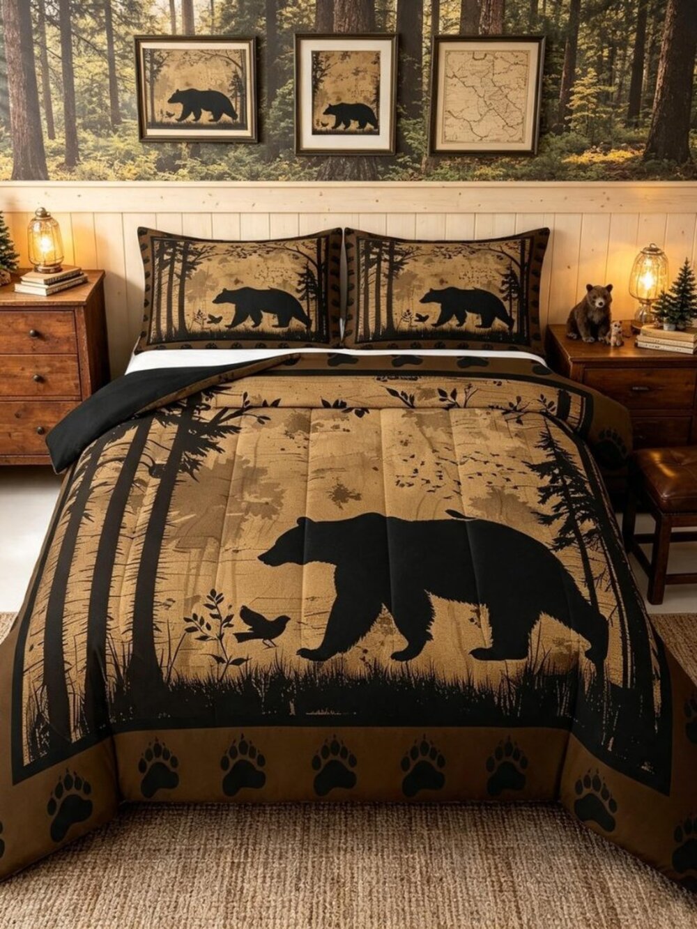 Vintage Bear Comforter Set Queen Size Bedding Set Kids Boys Girls